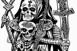 An evil catholic bishop skeleton with a Viking holding an axe to his throat tattoo idea