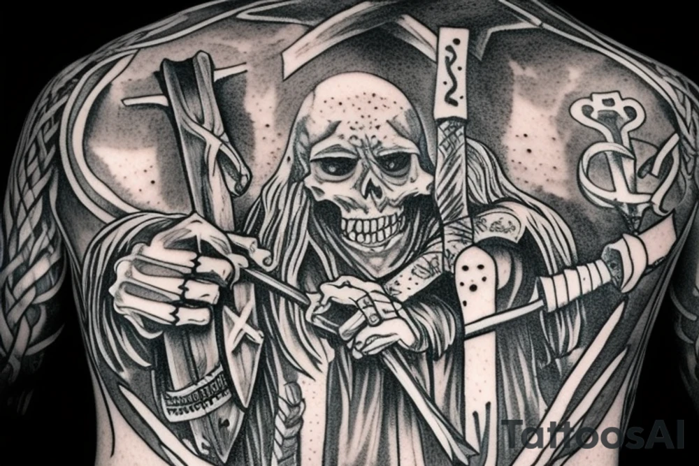 An evil catholic bishop skeleton with a Viking holding an axe to his throat tattoo idea