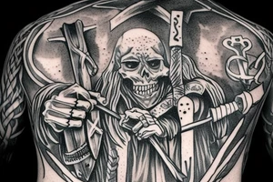 An evil catholic bishop skeleton with a Viking holding an axe to his throat tattoo idea