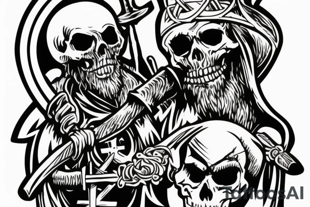 An evil catholic bishop skeleton with a Viking holding an axe to his throat tattoo idea