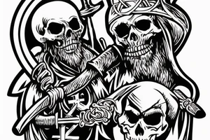 An evil catholic bishop skeleton with a Viking holding an axe to his throat tattoo idea