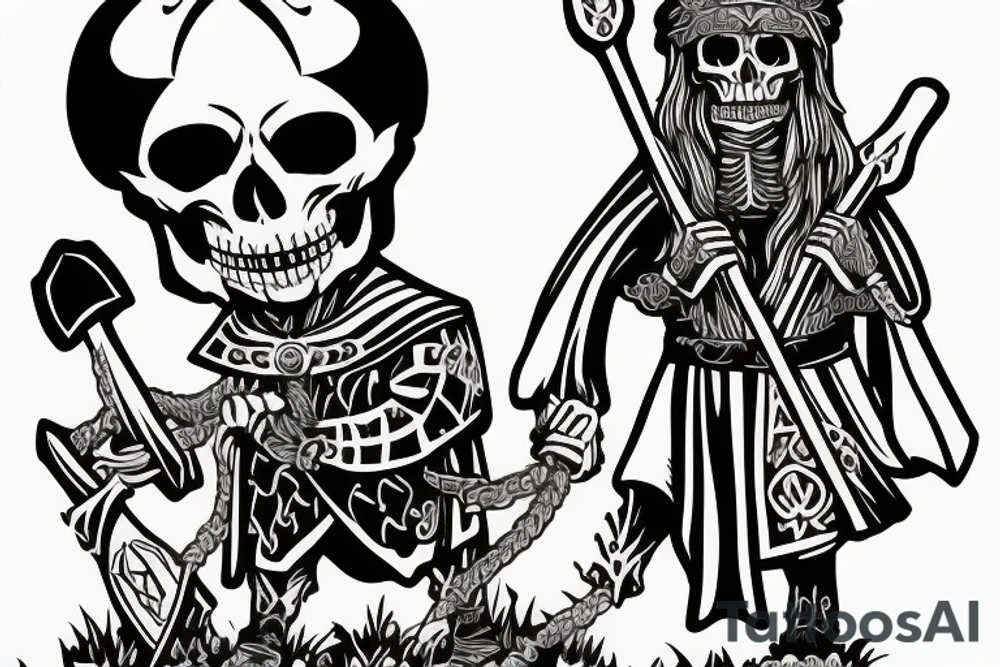An evil catholic bishop skeleton with a Viking holding an axe to his throat tattoo idea