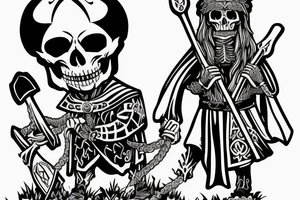 An evil catholic bishop skeleton with a Viking holding an axe to his throat tattoo idea