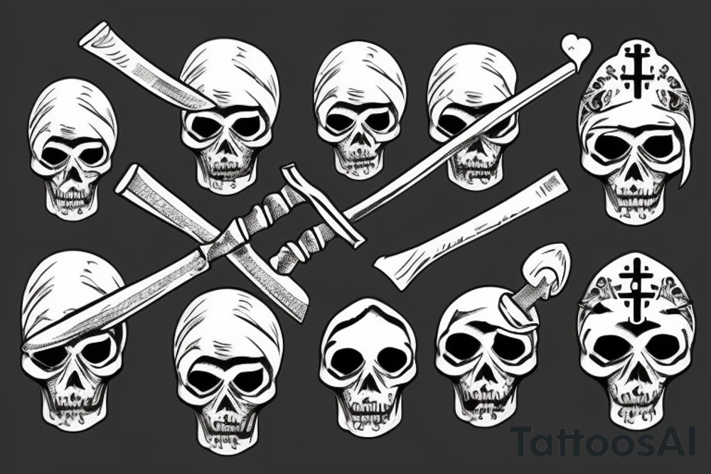 An evil catholic bishop skeleton with a Viking holding an axe to his throat tattoo idea