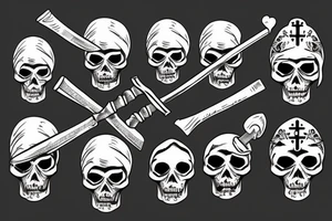 An evil catholic bishop skeleton with a Viking holding an axe to his throat tattoo idea