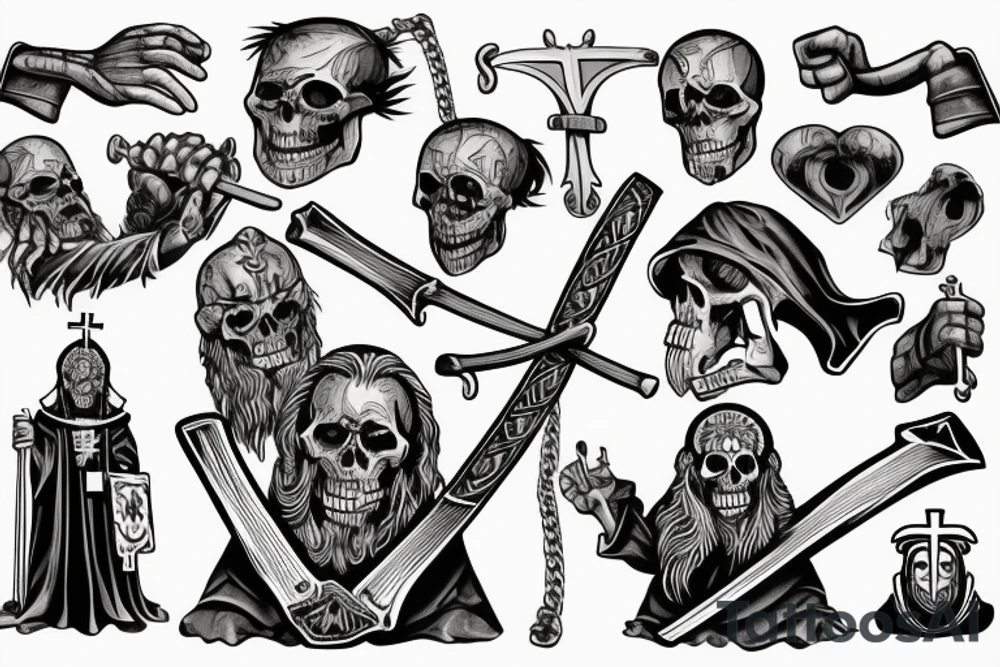 An evil catholic bishop skeleton with a Viking holding an axe to his throat tattoo idea