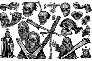 An evil catholic bishop skeleton with a Viking holding an axe to his throat tattoo idea