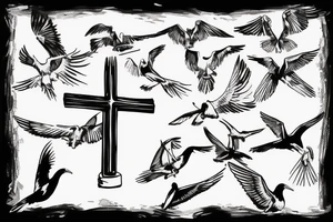 cross with the word Unitas inside of it and seagulls flying around it tattoo idea