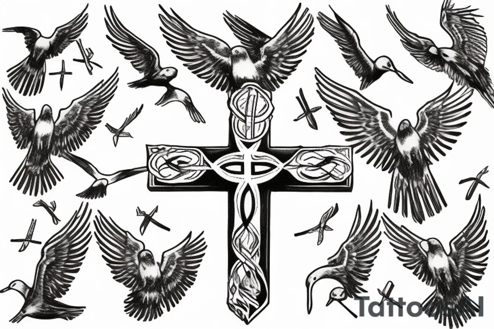 cross with the word Unitas inside of it and seagulls flying around it tattoo idea
