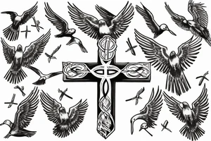 cross with the word Unitas inside of it and seagulls flying around it tattoo idea