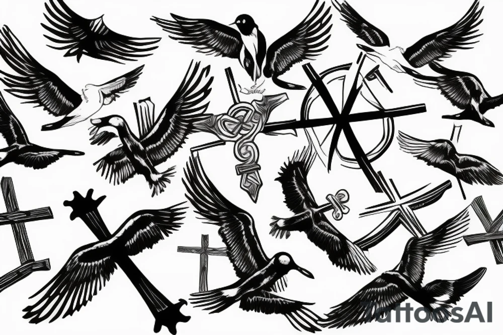 cross with seagulls around it tattoo idea