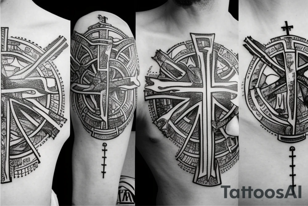 A cross with a seagull on top of it and the word Unitas below it tattoo idea