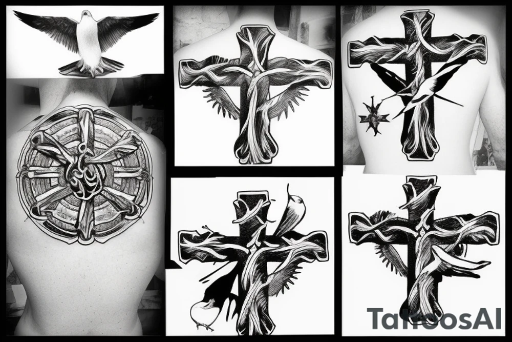 A cross with a seagull on top of it tattoo idea