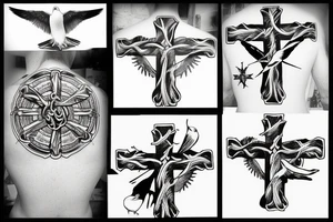A cross with a seagull on top of it tattoo idea