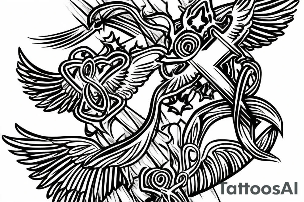 A cross with a seagull on top of it tattoo idea