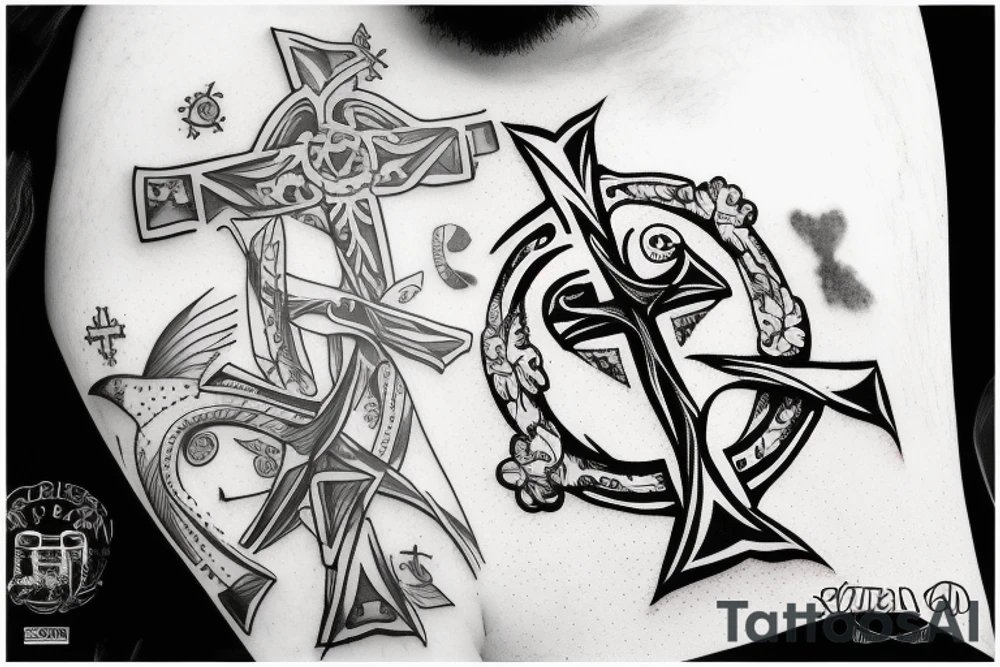 A cross with a seagull on top of it tattoo idea
