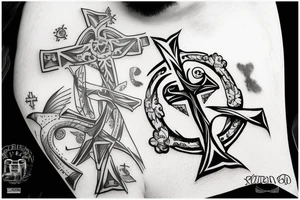 A cross with a seagull on top of it tattoo idea