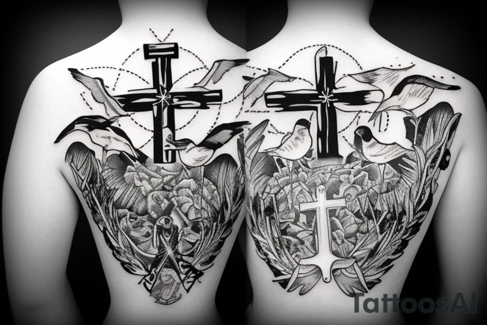 A cross with a seagull on top of it tattoo idea