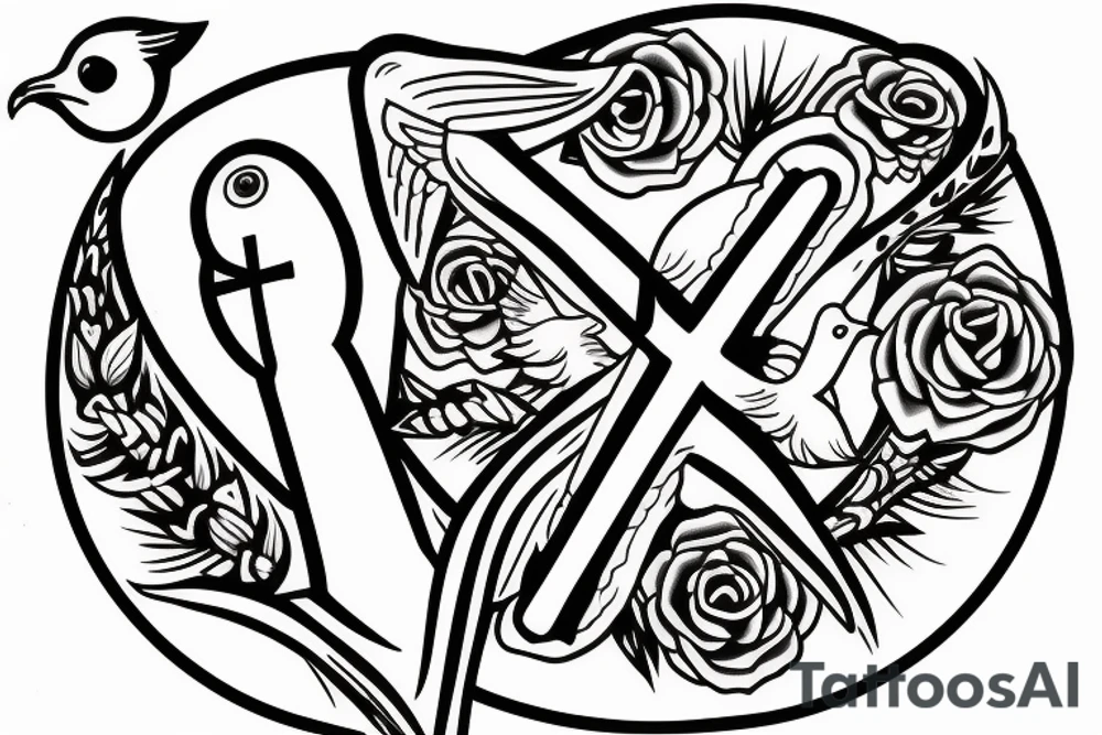 A cross with a seagull on top of it tattoo idea