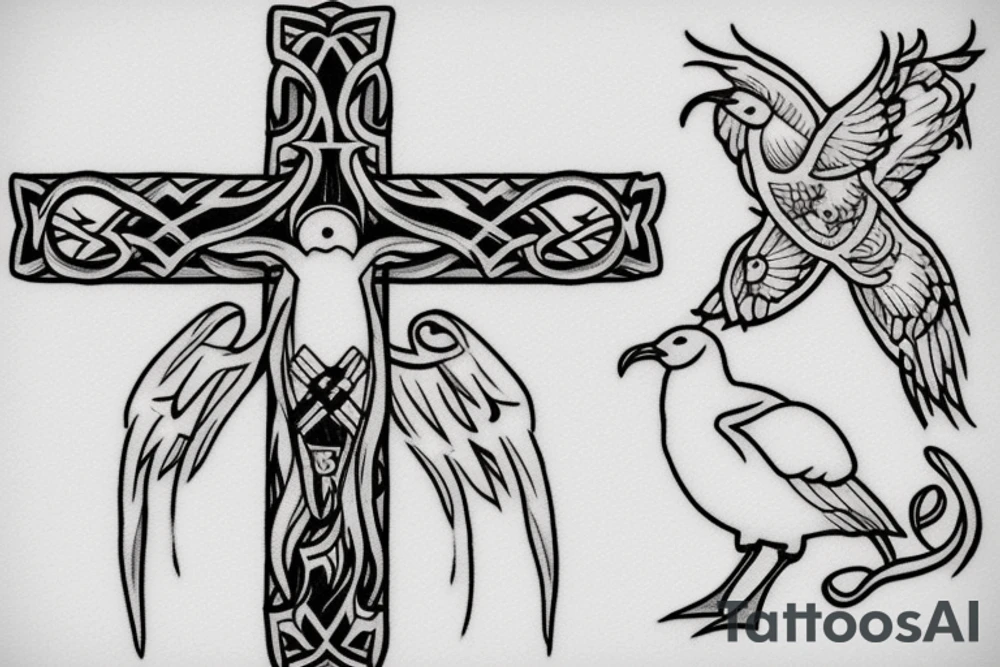 A cross with a seagull on top of it tattoo idea