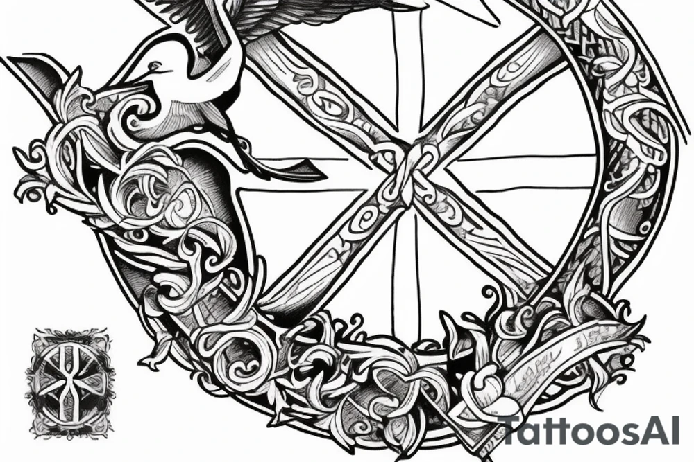 A cross with a seagull on top of it tattoo idea