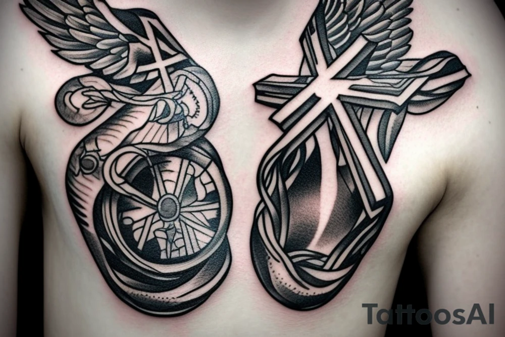 A cross with a seagull on top of it tattoo idea