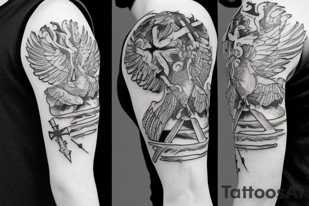 A cross with a seagull on top of it tattoo idea