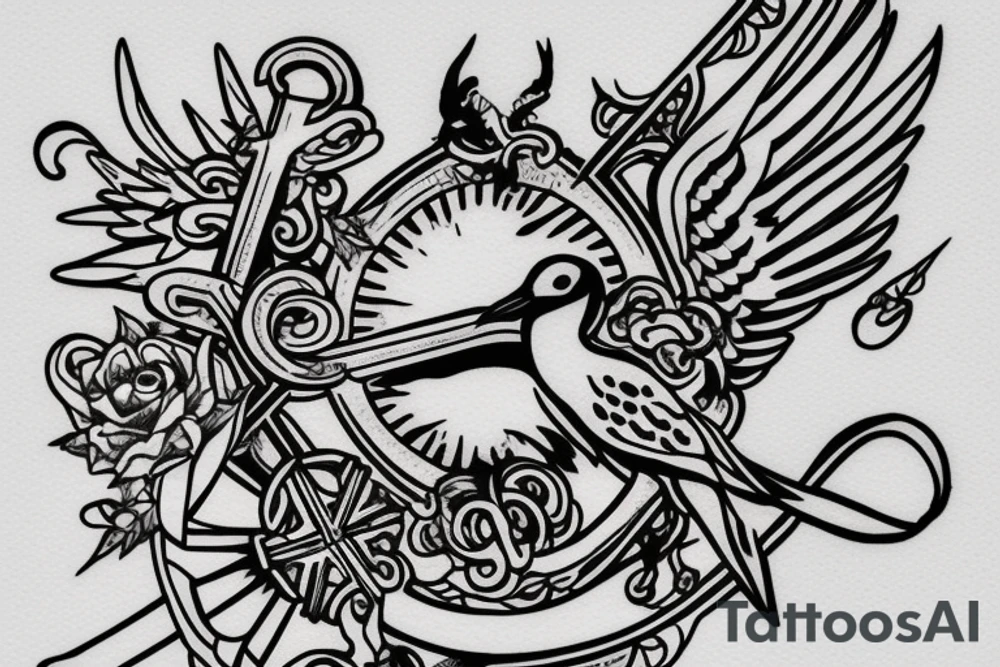 A cross with a seagull on top of it tattoo idea