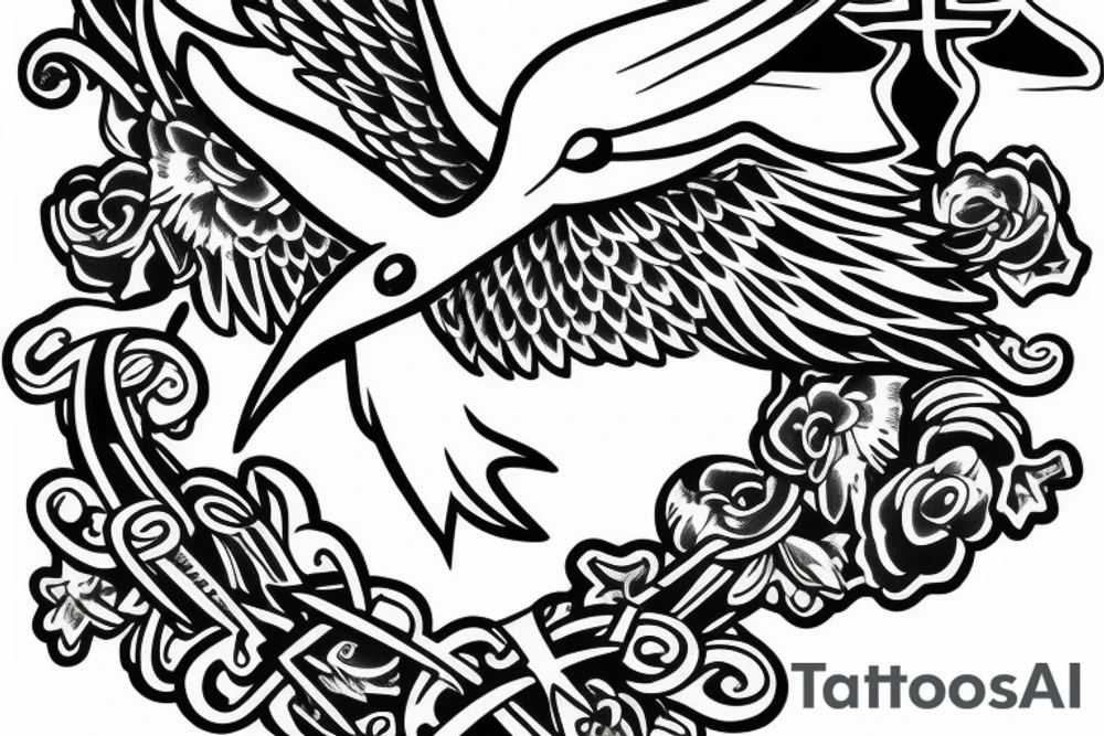 A cross with a seagull on top of it tattoo idea