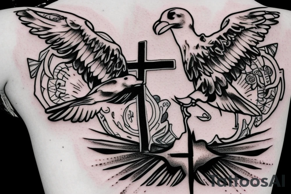 A cross with a seagull on top of it tattoo idea