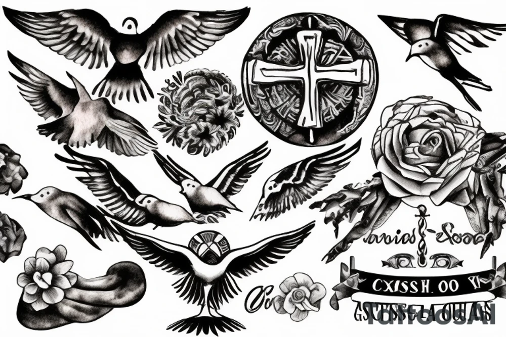 A cross with a seagull on top of it tattoo idea