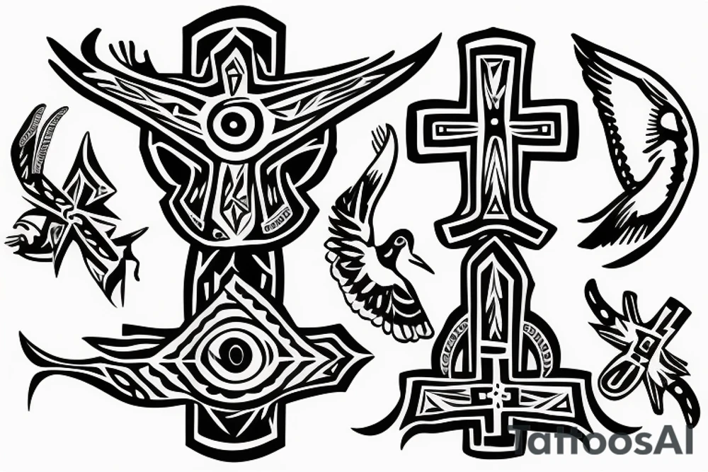 A cross with a seagull on top of it tattoo idea