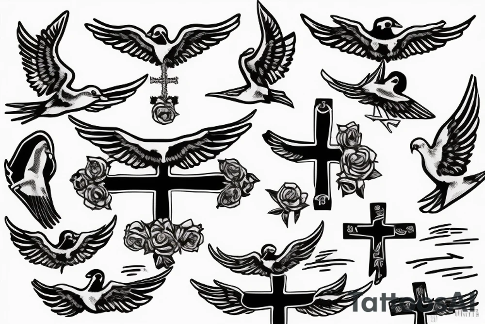 A cross with a seagull on top of it tattoo idea