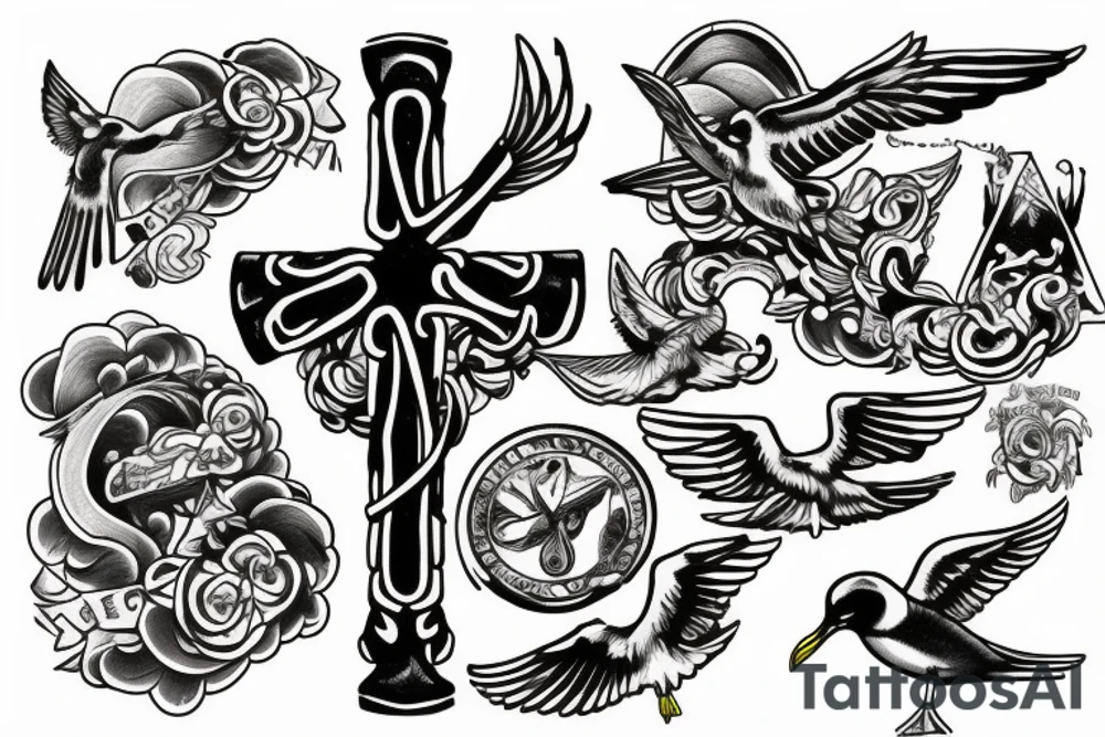 A cross with a seagull on top of it tattoo idea