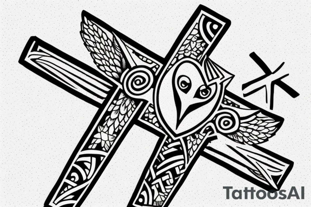 A cross with a seagull next to it tattoo idea