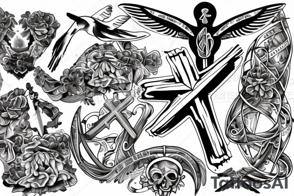 A cross with a seagull next to it tattoo idea