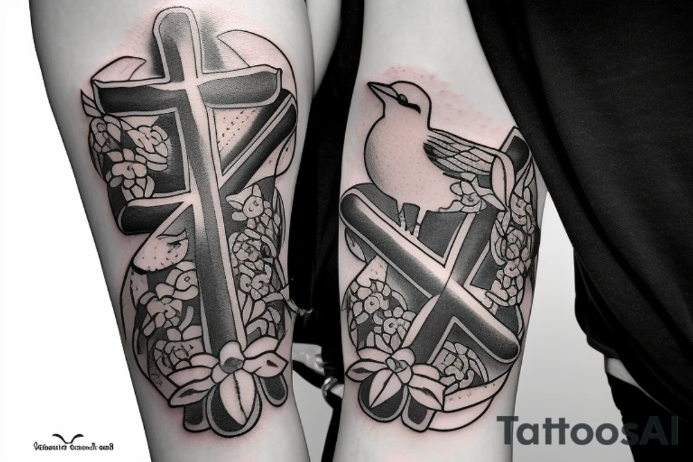 A cross with a seagull next to it tattoo idea