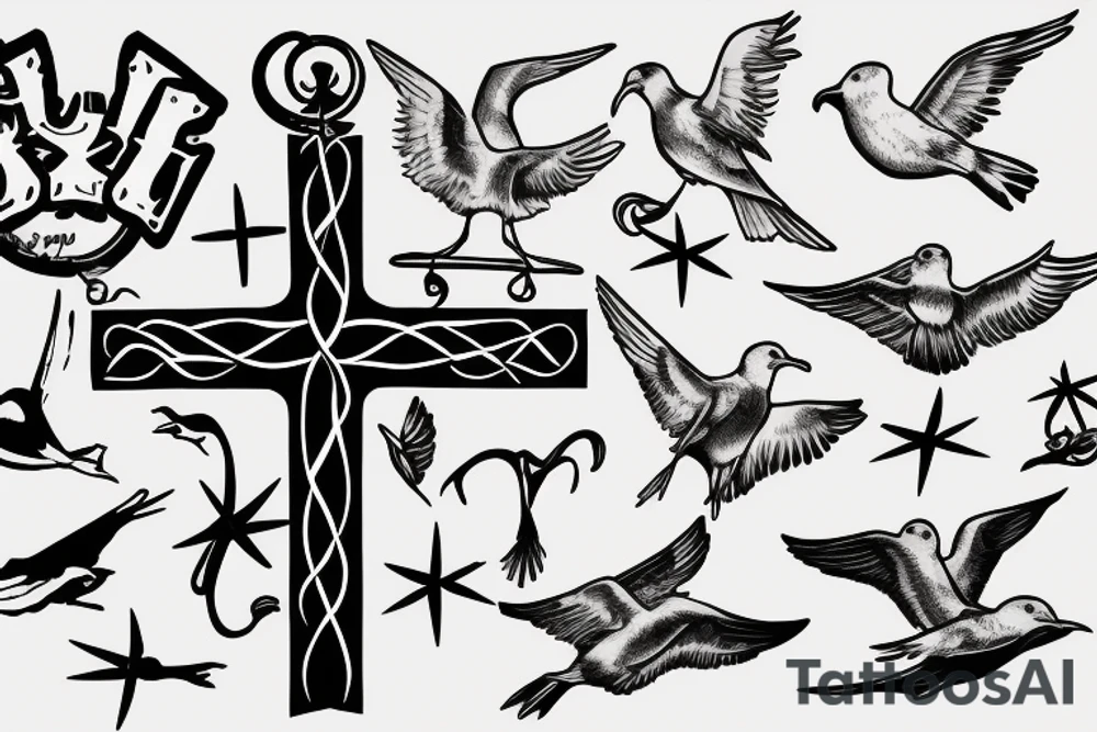 A cross with a seagull next to it tattoo idea