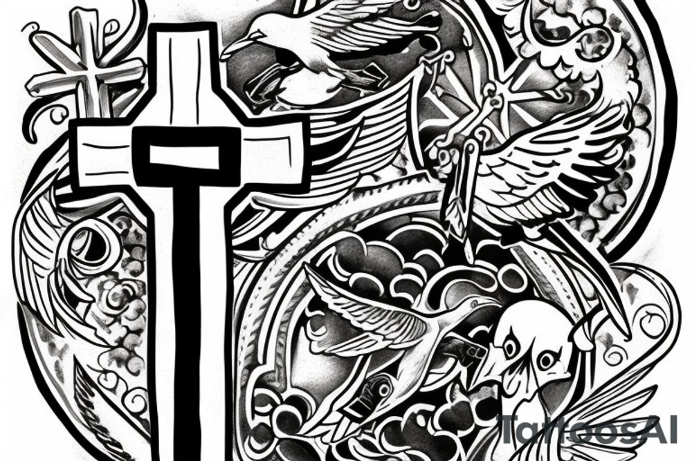 A cross with a seagull next to it tattoo idea