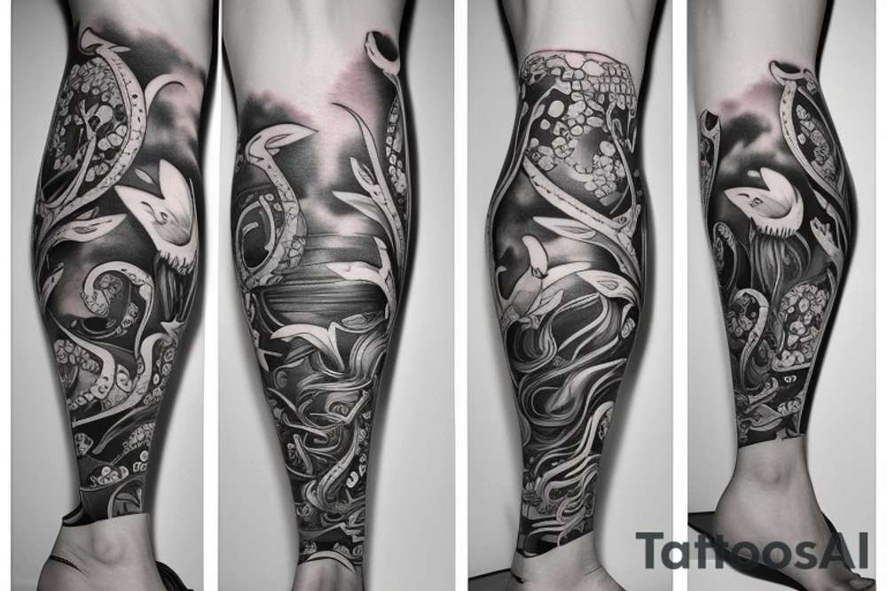 Full leg tattoo that wraps around the leg sea animals tattoo idea