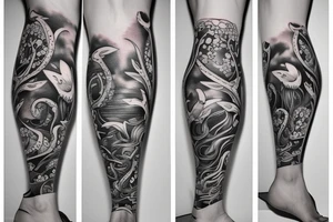Full leg tattoo that wraps around the leg sea animals tattoo idea