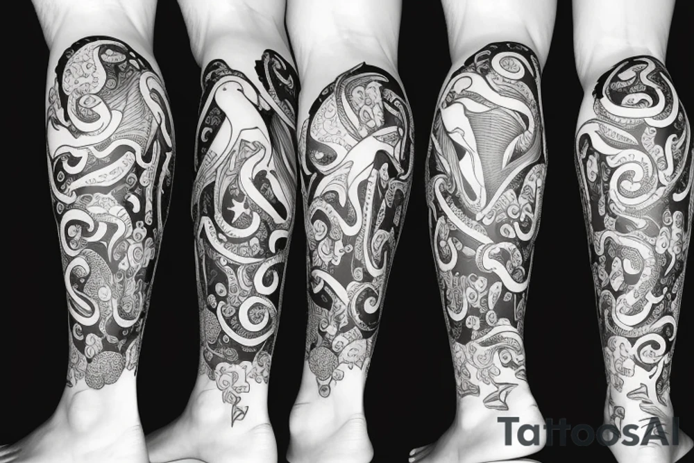 Leg tattoo with sea animals tattoo idea