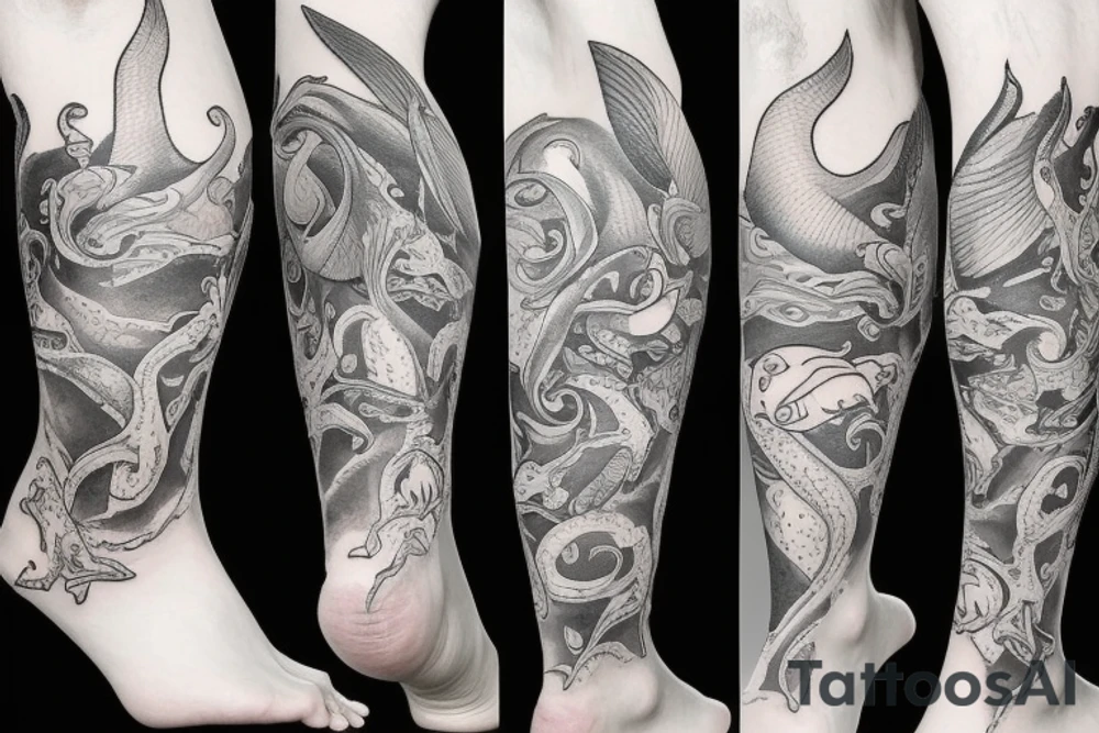Leg tattoo with sea animals tattoo idea