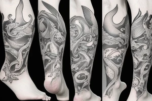 Leg tattoo with sea animals tattoo idea