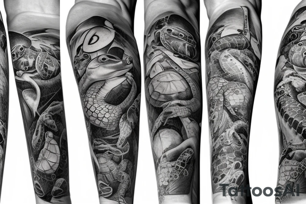 Turtles dolphins sea horse wrapping around the leg tattoo idea
