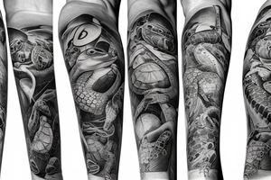 Turtles dolphins sea horse wrapping around the leg tattoo idea