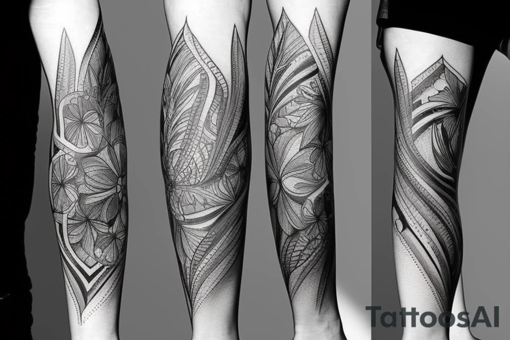 Fine line leg sleeve tattoo idea