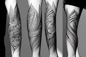 Fine line leg sleeve tattoo idea
