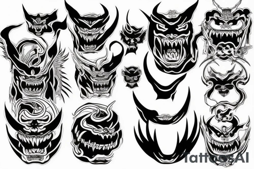 Japanese demon face fineline tattoo idea