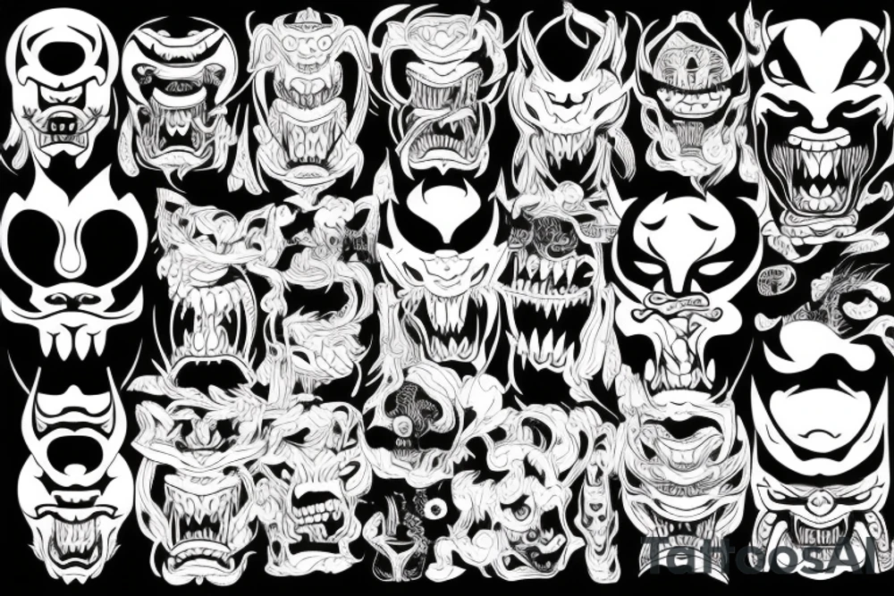 Japanese demon face fineline tattoo idea